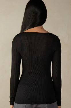 Wool And Silk Long-Sleeved Crew-Neck Max Top 11 Wool And Silk Long-Sleeved Crew-Neck Max Top -intimissimi shop CLD49H019 BI