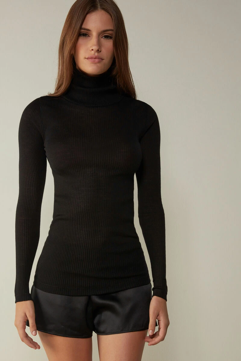 Long-sleeve High-Neck Tubular Top In Wool And Silk 3 Long-sleeve High-Neck Tubular Top In Wool And Silk