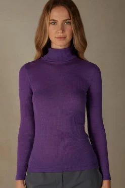 Long-sleeve High-Neck Tubular Top In Wool And Silk
