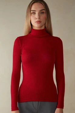 Long-sleeve High-Neck Tubular Top In Wool And Silk