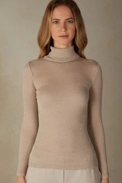 Long-sleeve High-Neck Tubular Top In Wool And Silk
