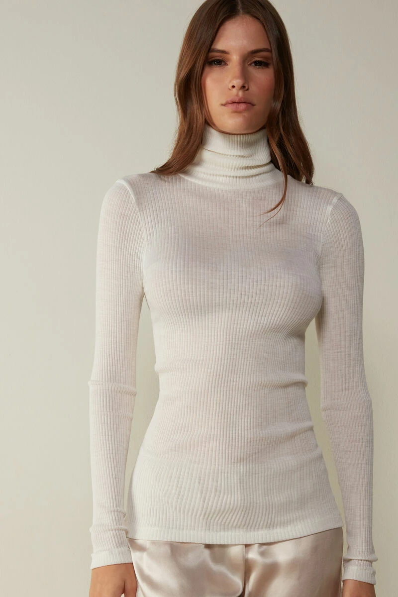 Long-sleeve High-Neck Tubular Top In Wool And Silk 3 Long-sleeve High-Neck Tubular Top In Wool And Silk