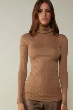 Long-sleeve High-Neck Tubular Top In Wool And Silk