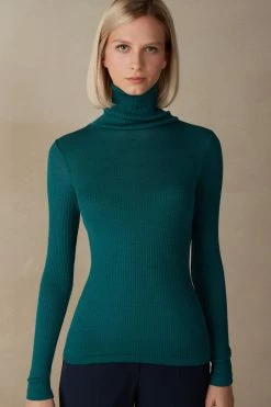 Long-sleeve High-Neck Tubular Top In Wool And Silk