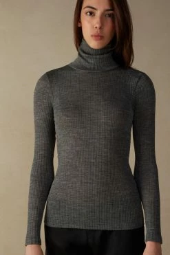 Long-sleeve High-Neck Tubular Top In Wool And Silk