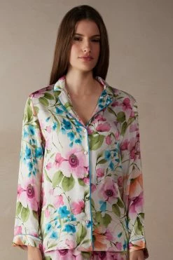 Botanical Lyrics Satin Open-Front Top