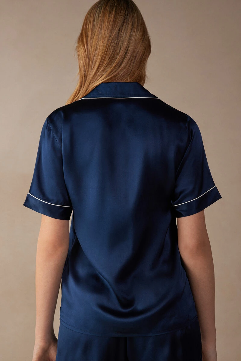 Short-Sleeved Satin Shirt With Contrasting Trim 7 Short-Sleeved Satin Shirt With Contrasting Trim - Image 5