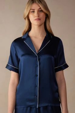 Short-Sleeved Satin Shirt With Contrasting Trim
