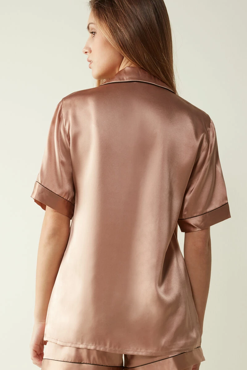 Short-Sleeved Satin Shirt With Contrasting Trim 7 Short-Sleeved Satin Shirt With Contrasting Trim - Image 5