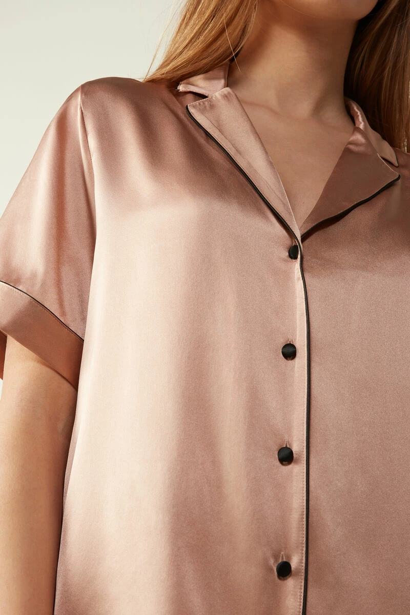 Short-Sleeved Satin Shirt With Contrasting Trim 5 Short-Sleeved Satin Shirt With Contrasting Trim - Image 3