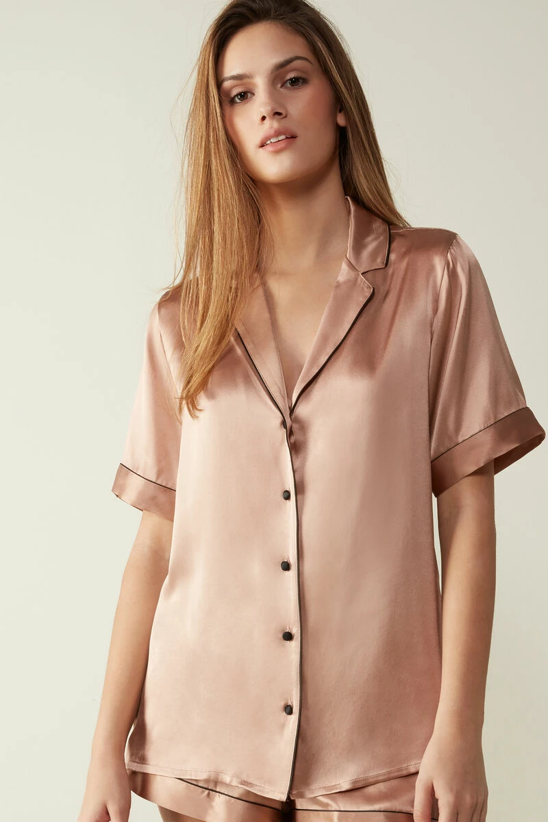 Short-Sleeved Satin Shirt With Contrasting Trim 3 Short-Sleeved Satin Shirt With Contrasting Trim