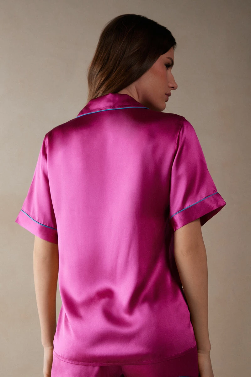 Short-Sleeved Satin Shirt With Contrasting Trim 7 Short-Sleeved Satin Shirt With Contrasting Trim - Image 5