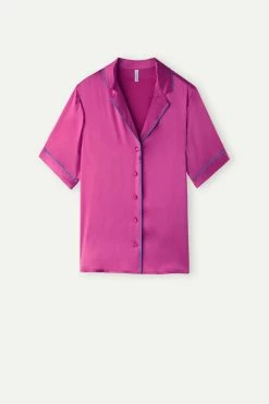 Short-Sleeved Satin Shirt With Contrasting Trim 14 Short-Sleeved Satin Shirt With Contrasting Trim -intimissimi shop CMD1233206J F