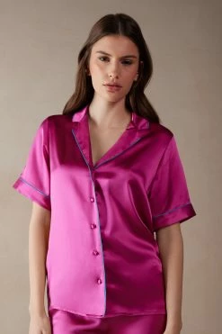 Short-Sleeved Satin Shirt With Contrasting Trim