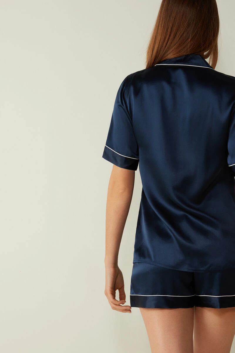 Short-Sleeved Satin Shirt With Contrasting Trim 7 Short-Sleeved Satin Shirt With Contrasting Trim - Image 5