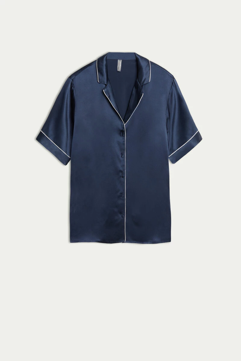 Short-Sleeved Satin Shirt With Contrasting Trim 8 Short-Sleeved Satin Shirt With Contrasting Trim - Image 6