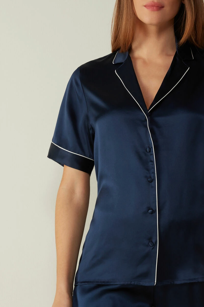 Short-Sleeved Satin Shirt With Contrasting Trim 3 Short-Sleeved Satin Shirt With Contrasting Trim