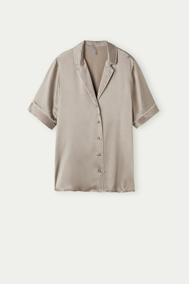 Short-Sleeved Satin Shirt With Contrasting Trim 7 Short-Sleeved Satin Shirt With Contrasting Trim - Image 5
